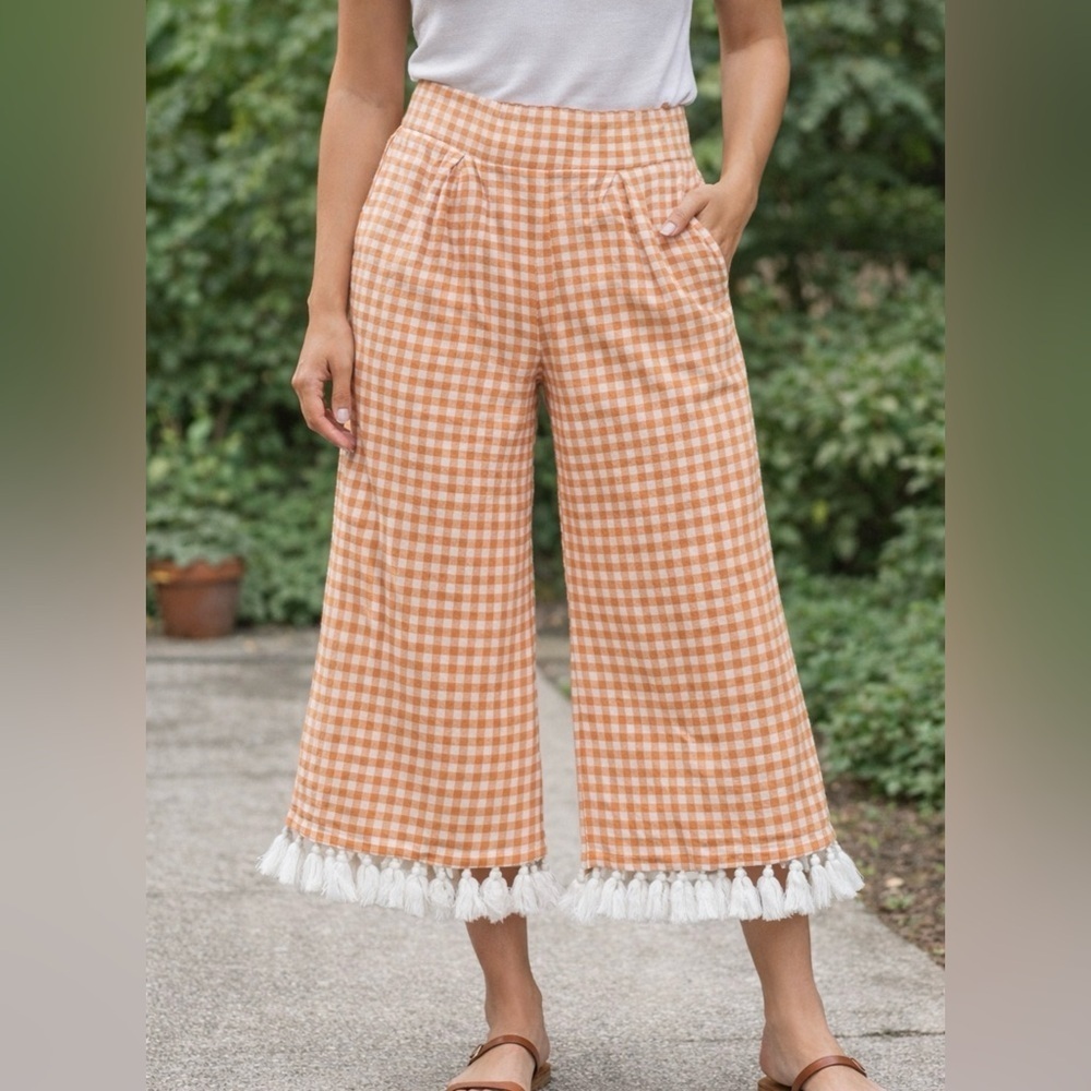 Adrienne Orange Gingham Wide-Leg Pants with Tassels